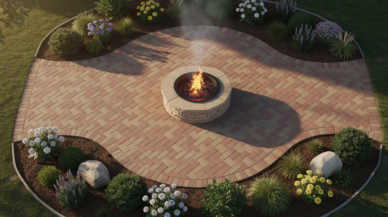 An overhead view showcases a beautifully designed herringbone pattern brick paver patio, featuring a round fire pit at its center, surrounded by lush landscaping. The intricate layout of the brick pavers adds a modern yet rustic charm to the outdoor space.