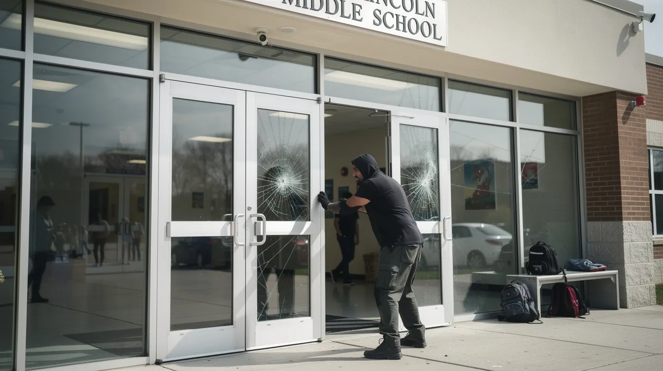 The image depicts an intruder attempting to force entry through glass windows and door glass at a school, highlighting the vulnerability of existing glazing frames. The scene emphasizes the need for security window film and ballistic glass to delay forced entry and enhance safety in populated areas during active shooter situations.