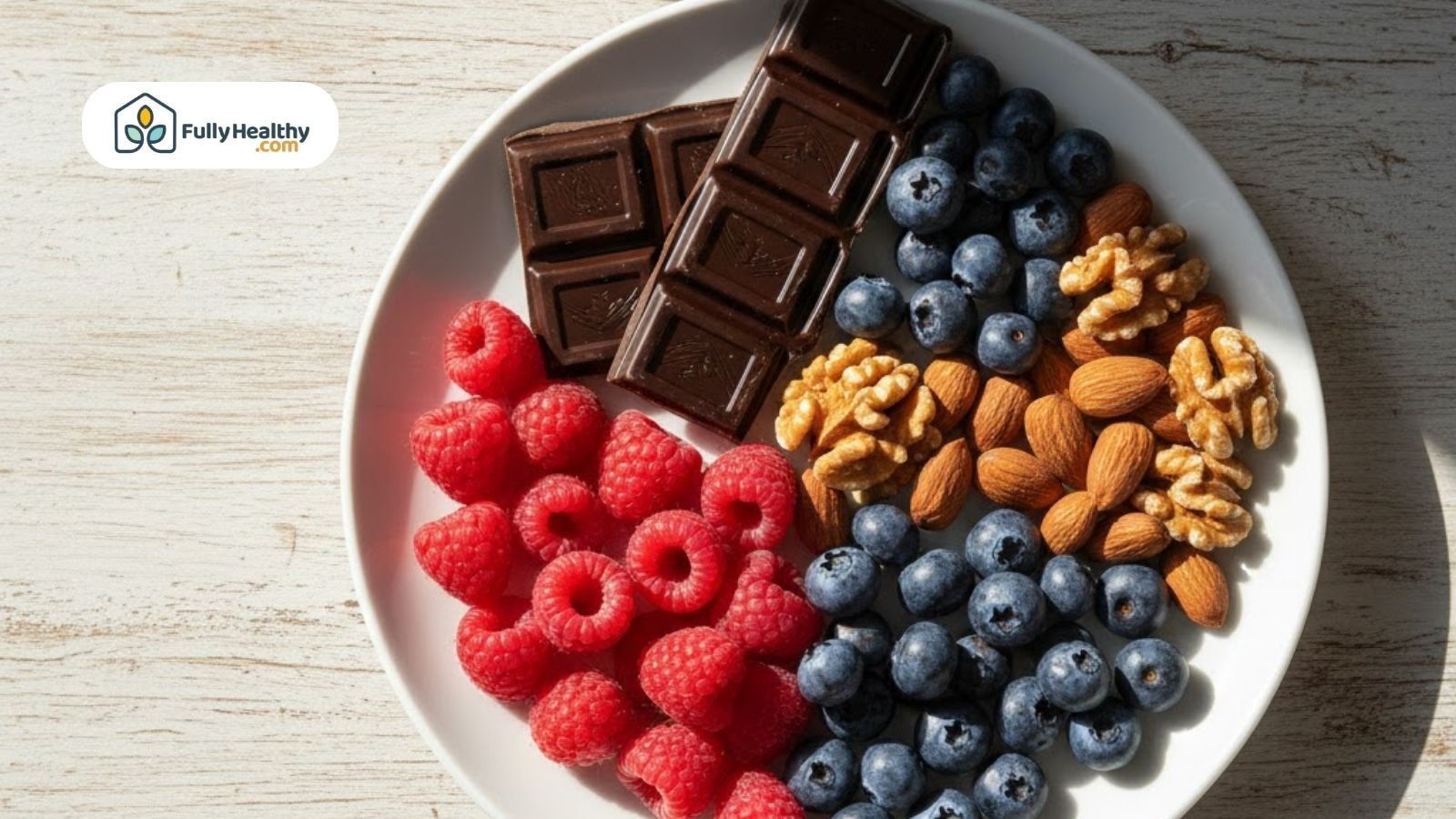 Plate with dark chocolate, almonds, walnuts, raspberries, and blueberries.