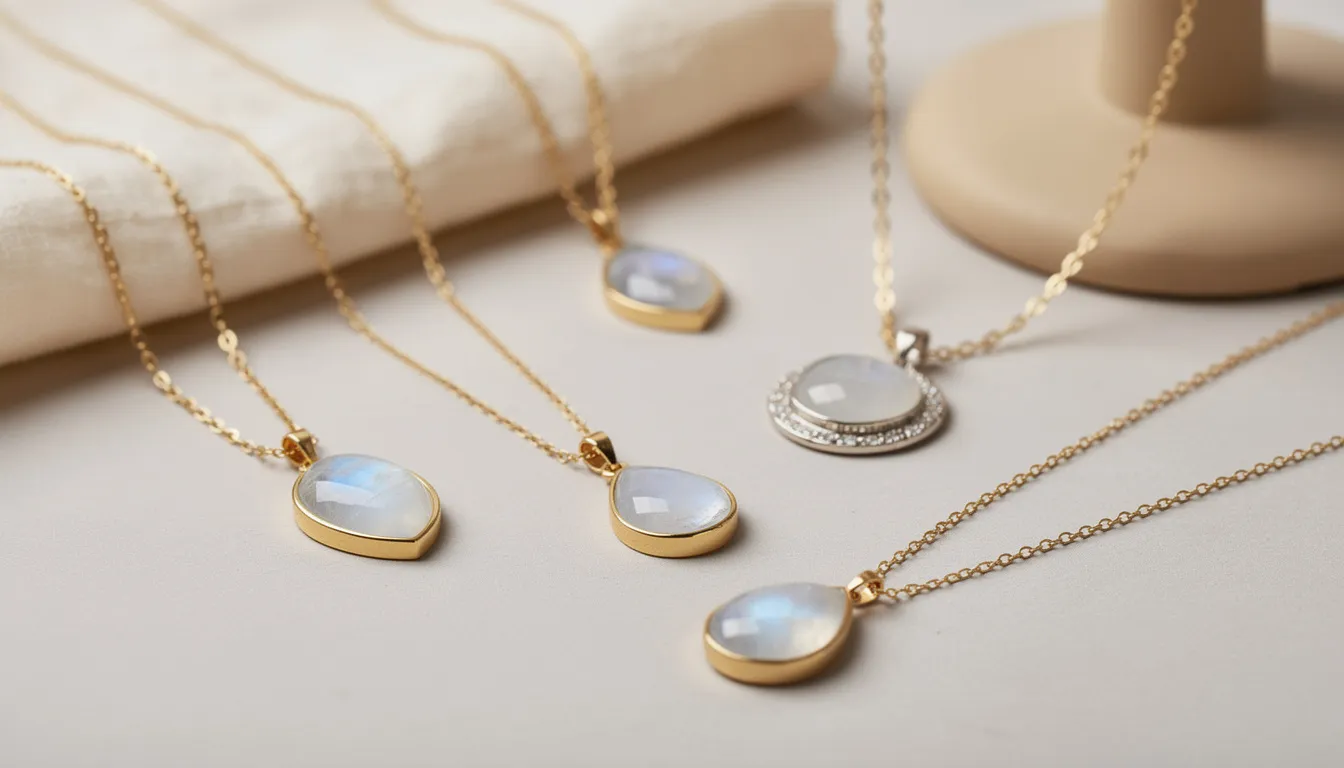 The image features a stunning gold plated moonstone necklace, showcasing the delicate hues of the moonstone set against a warm gold shimmer. This elegant piece is perfect for layering or wearing solo, making it a versatile addition to any jewellery collection.
