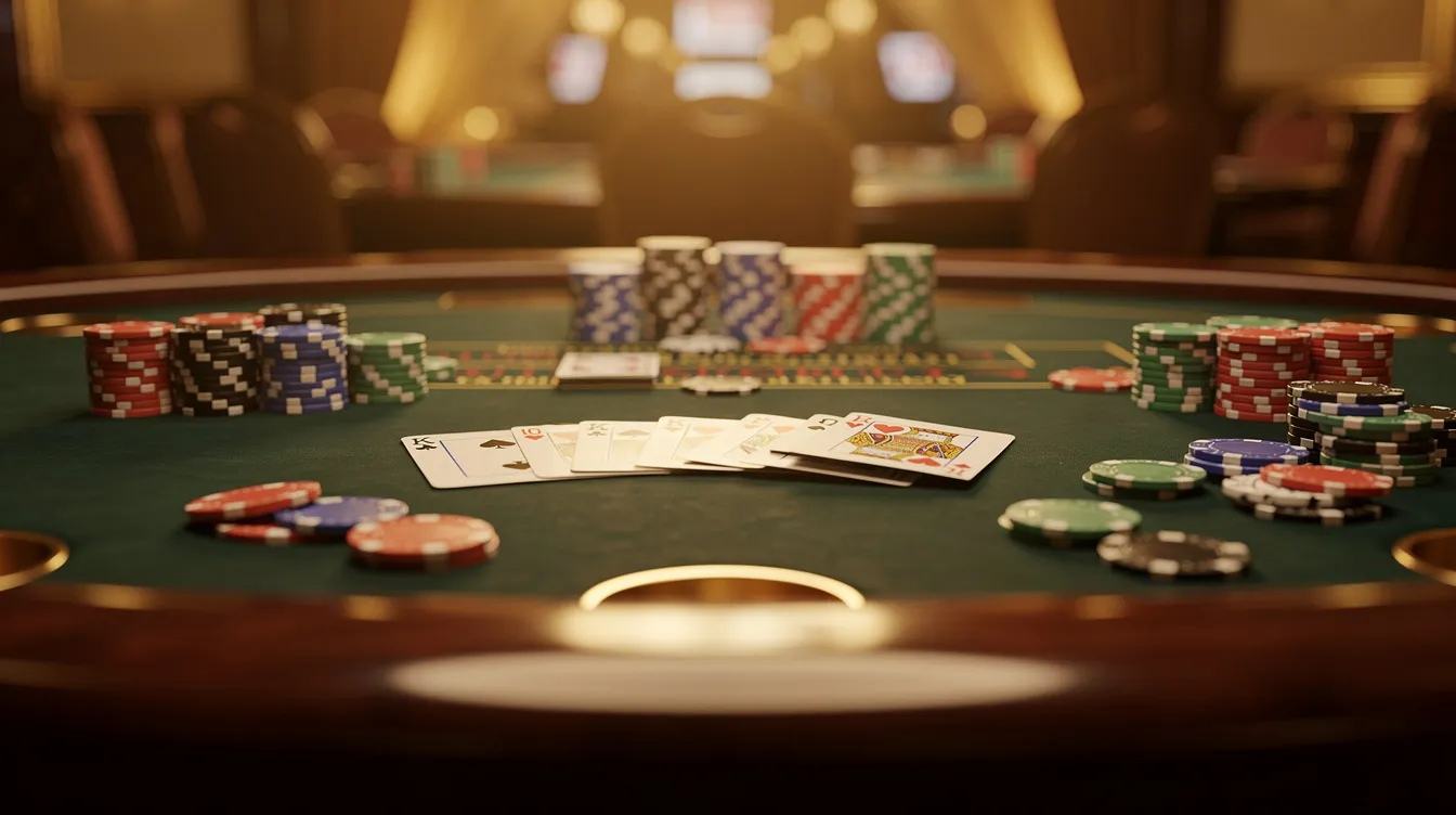 A casino gaming table is illuminated by warm lighting, showcasing a spread of playing cards and colorful poker chips, creating an inviting atmosphere for players to enjoy their favorite games like blackjack and roulette. The scene captures the essence of a live casino experience, perfect for those looking to engage in thrilling gameplay and take advantage of promotions such as a first deposit bonus.
