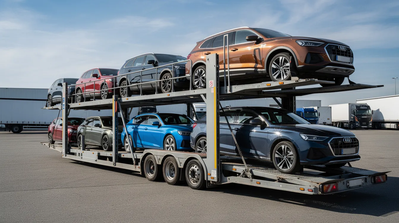 An open car carrier trailer is loaded with multiple sedans and SUVs, showcasing a variety of vehicles ready for transport. This scene illustrates the efficiency of auto transport services, highlighting the convenience of car shipping for those in need of vehicle relocation.