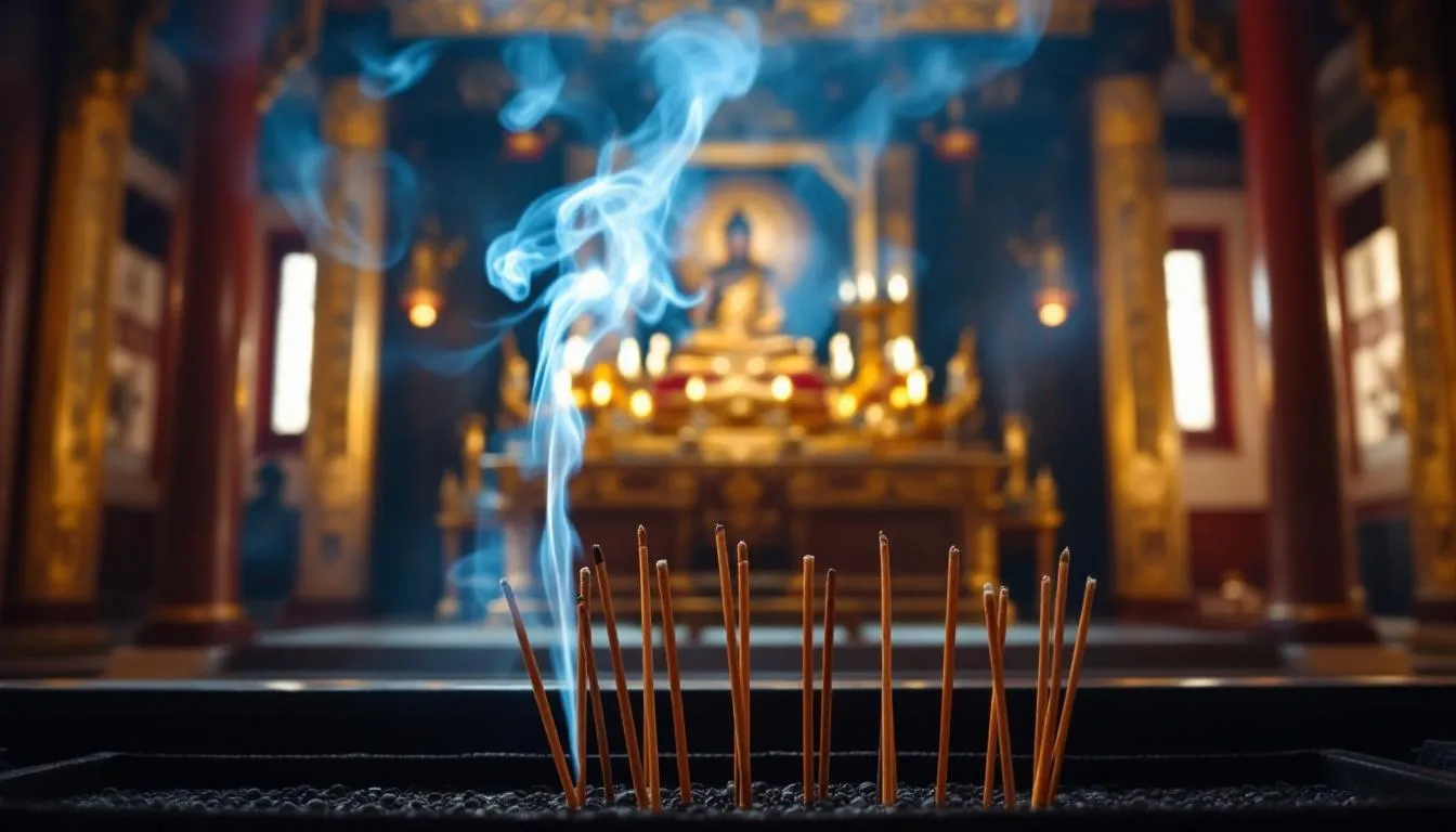 In einem traditionellen Tempel brennen Räucherstäbchen, aus denen sanfter Rauch aufsteigt und eine beruhigende Atmosphäre schafft. Die Düfte der verschiedenen Räucherwerke, wie Palo Santo und Zedernholz, vermischen sich und tragen zur spirituellen Stimmung des Ortes bei.
