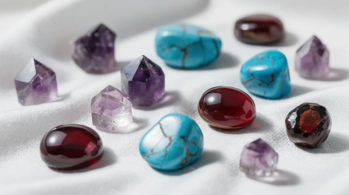 A collection of various polished semi precious stones, including vibrant purple amethyst crystals, striking blue turquoise nuggets, and rich red garnet gemstones, is elegantly displayed on soft white fabric, showcasing their natural beauty and excellent quality.
