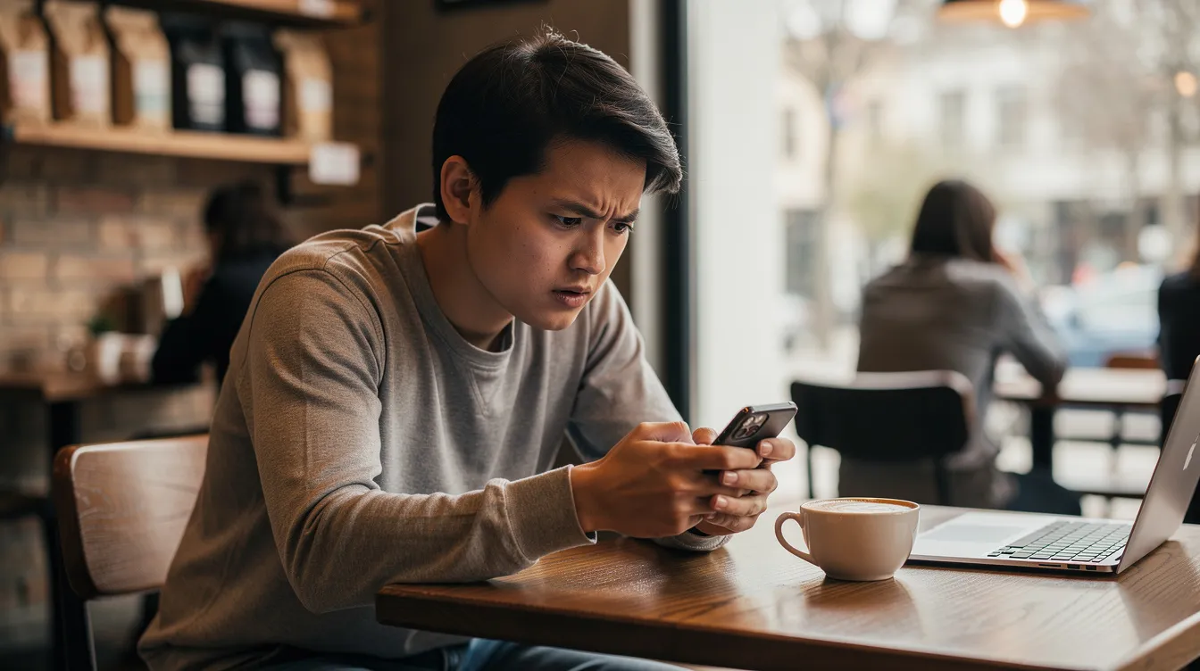 A person with a hesitant expression is sitting in a coffee shop, looking at their phone, possibly reflecting signs of a dismissive avoidant attachment style as they navigate their emotional distance and relationship challenges. The scene captures the struggle of finding emotional closeness while maintaining self-reliance in a social setting.