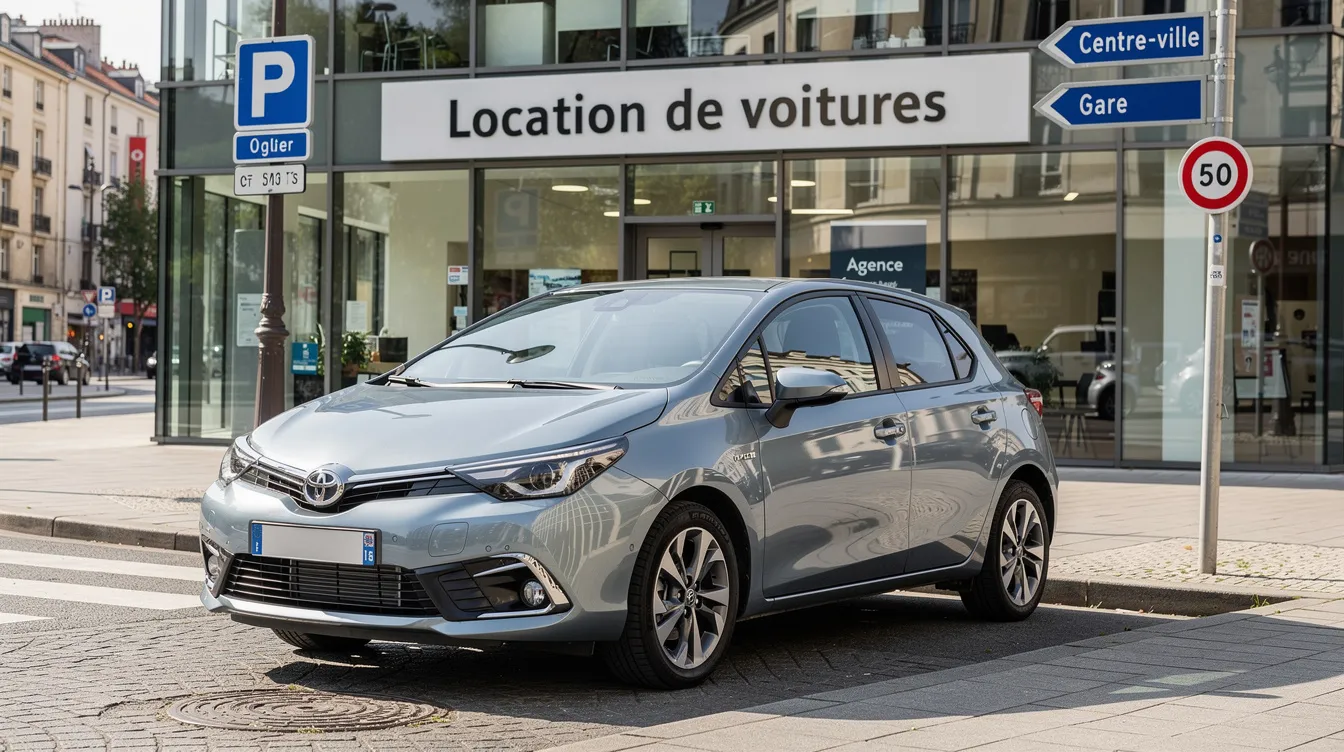 Une voiture de location est garée devant une agence, tandis que des panneaux de signalisation indiquent les règles de la route à proximité. Cette image évoque le processus de location de véhicule et l'importance du respect des règles de circulation pour éviter les amendes.