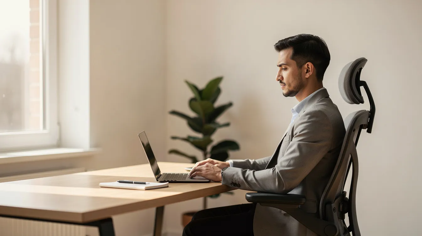 Un professionnel assis calmement à un bureau moderne, baigné de lumière naturelle douce, semble réfléchi et posé, illustrant l'importance de gérer ses émotions au travail pour maintenir un équilibre et un bien-être au quotidien.