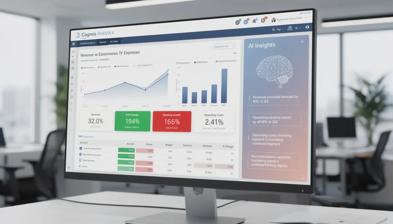 The image depicts an IBM Cognos Analytics dashboard showcasing various financial performance metrics, enhanced with an AI-generated insights panel. This interactive dashboard serves as a powerful data visualization tool, enabling data analysts to perform data analysis and make data-driven decisions efficiently.