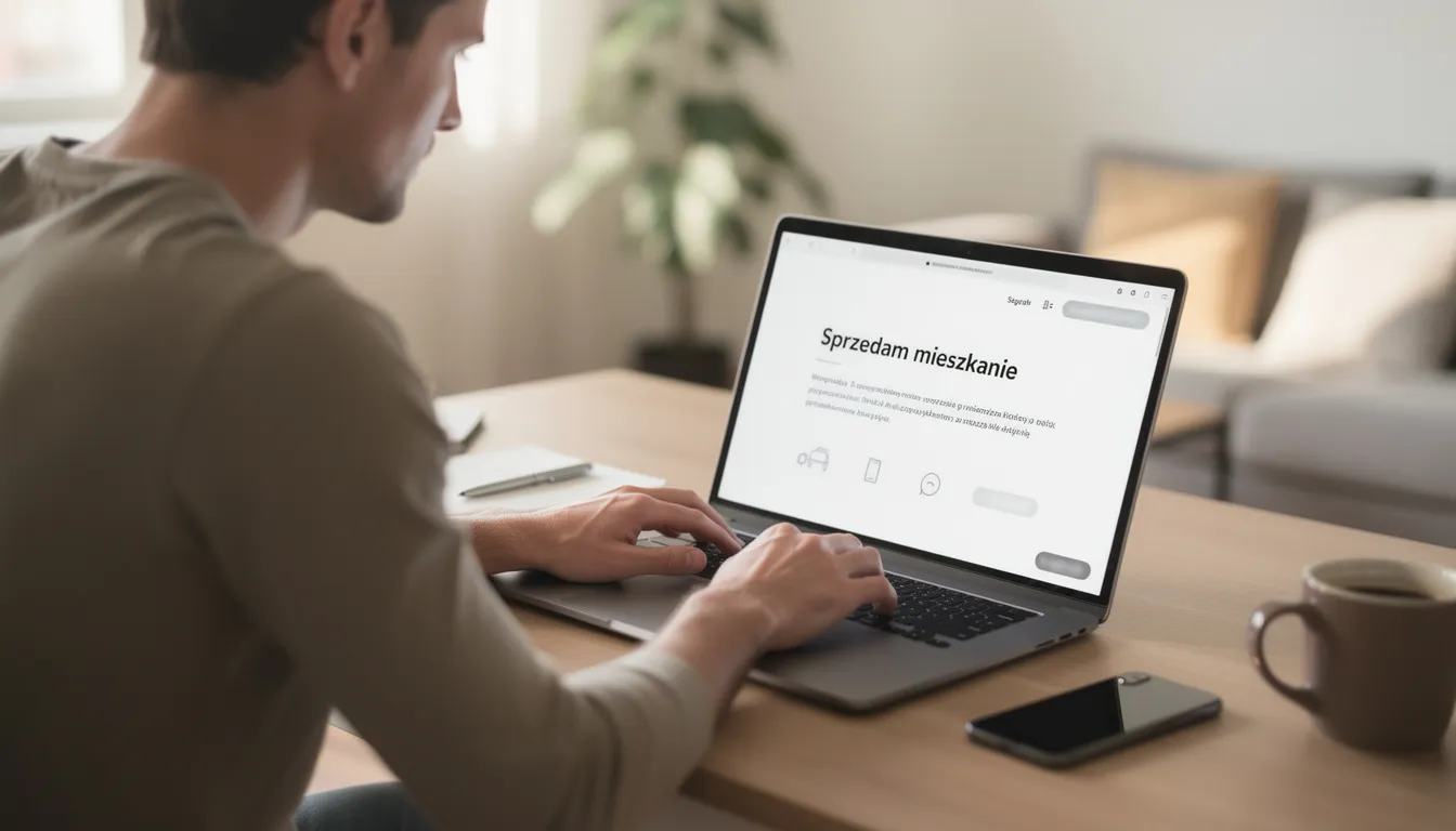 Na zdjęciu widzimy osobę siedzącą przy laptopie, piszącą ogłoszenie o sprzedaży mieszkania. W tle można dostrzec notatki oraz dokumenty dotyczące sprzedaży przestronnego mieszkania w prestiżowej dzielnicy Warszawy, Żoliborzu.