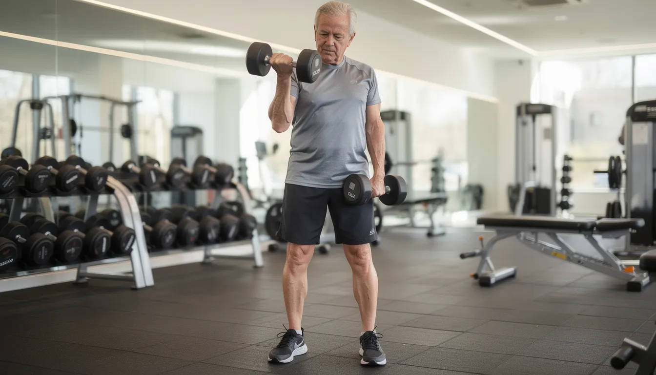 An older adult is performing resistance training with dumbbells in a well-equipped gym, focusing on maintaining physical fitness and strength as part of a healthy aging routine. This exercise can contribute to metabolic health and overall well-being, highlighting the importance of physical activity for older adults.