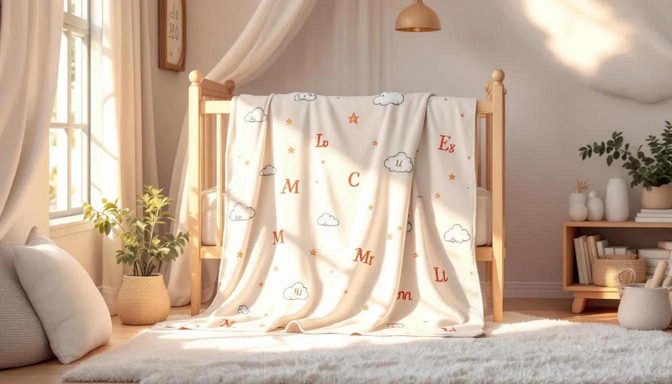 A cozy personalized baby blanket displayed in a nursery, showcasing thoughtful gifts for baby showers you can make at home.