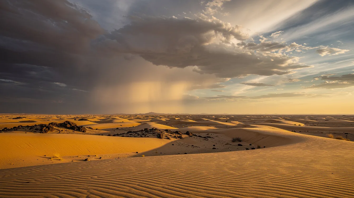 The image depicts a vast desert wilderness landscape bathed in golden sunlight, with dramatic clouds overhead, symbolizing the spiritual journey of the Israelites who wandered for forty years in search of the promised land. This scene evokes themes of self-examination and faith, reminiscent of significant biblical events such as Moses fasting on Mount Sinai and Jesus' public ministry.