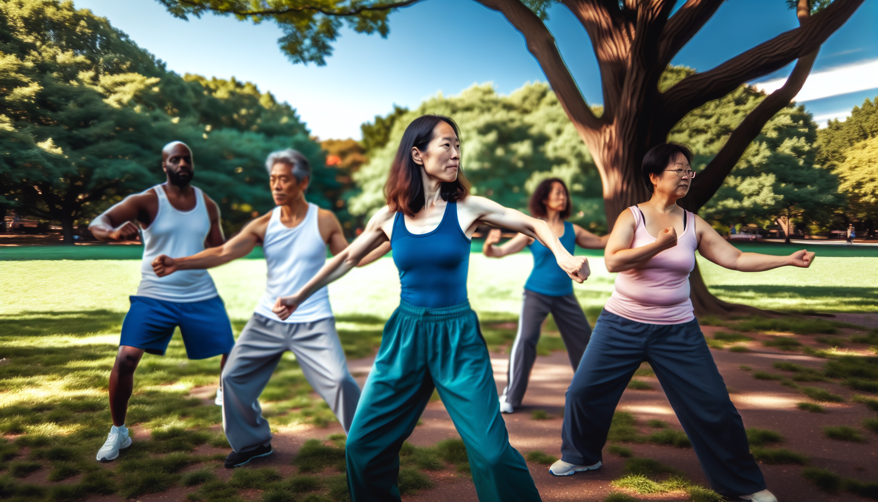 People of different ages and ethnicities participating in Tai Chi classes for fitness