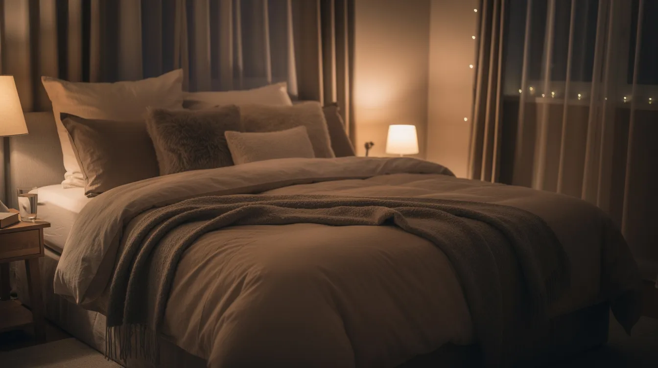The image depicts a peaceful bedroom bathed in soft, dim lighting, featuring a cozy bed with plush bedding that invites relaxation. This serene environment promotes healthy sleep habits and can help alleviate sleep problems and mental health conditions.
