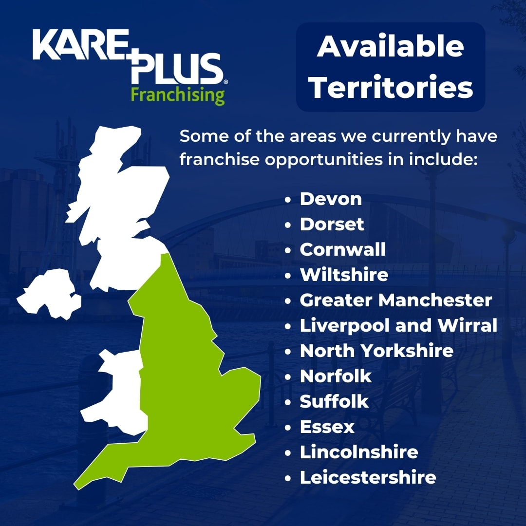 A map of the UK with England highlighted in green and a list of various counties that Kare Plus currently has franchise opportunities available, against a dark blue background