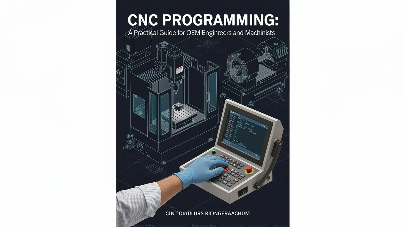 The image showcases a CNC programming guide specifically designed for OEM engineers and machinists, featuring a CNC machine in action, along with visual representations of tool paths and CAD models. It highlights the importance of computer numerical control programming and the various methods and software used in modern manufacturing processes, emphasizing the role of skilled programmers in executing complex machining operations.