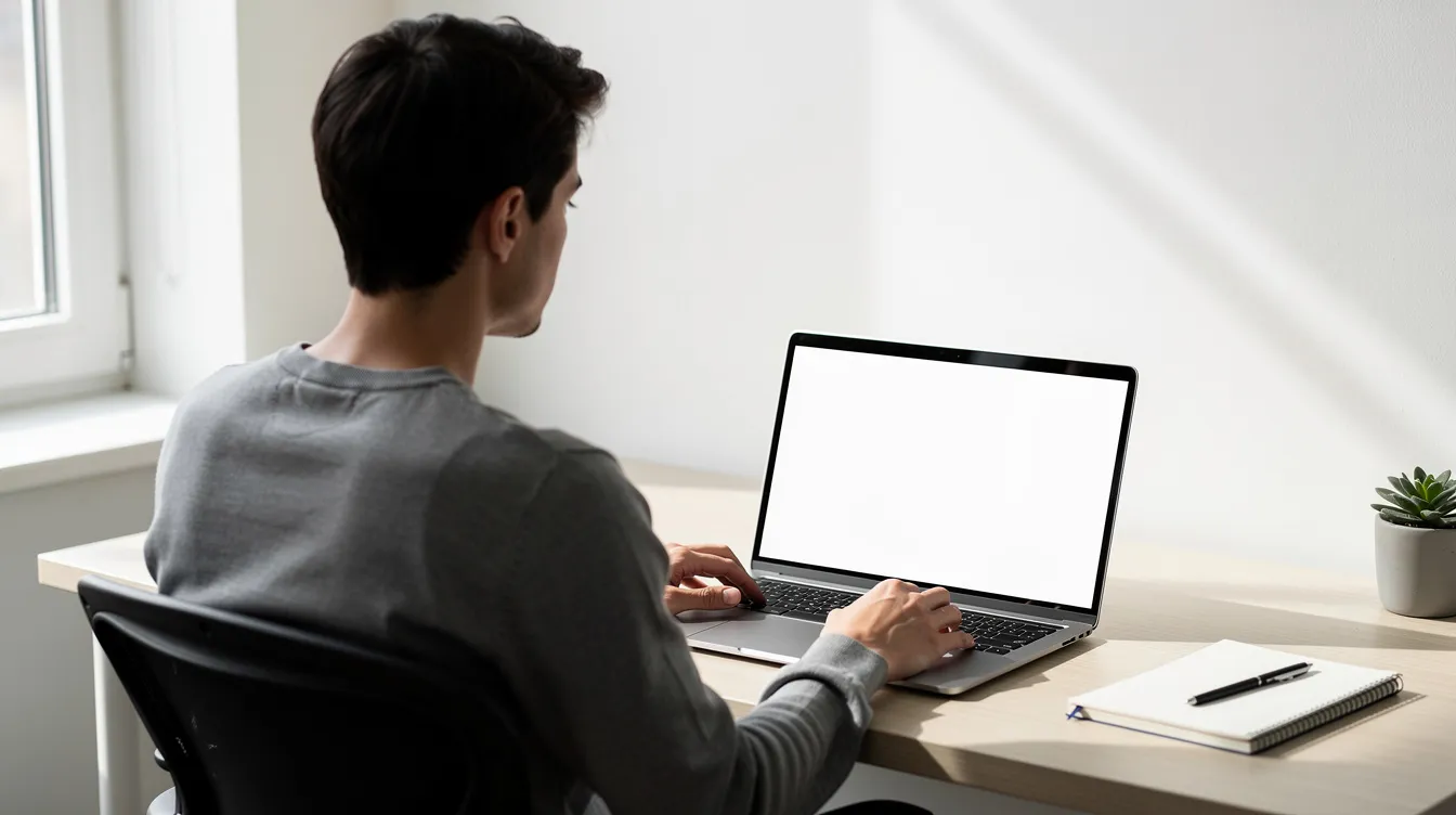A person is seated at a laptop in a bright, organized workspace, preparing to embark on a new digital project with a clean screen. This setting reflects the essence of strategic planning and innovation in business, as they develop ideas for future growth and value creation.
