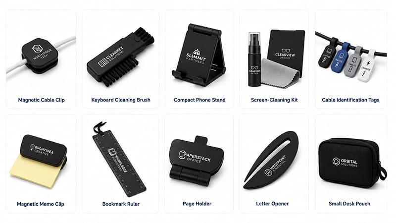 Desk and digital accessories featuring cable clips, a keyboard brush, phone stand, screen-cleaning kit, cable tags, memo clip, ruler, and desk pouch