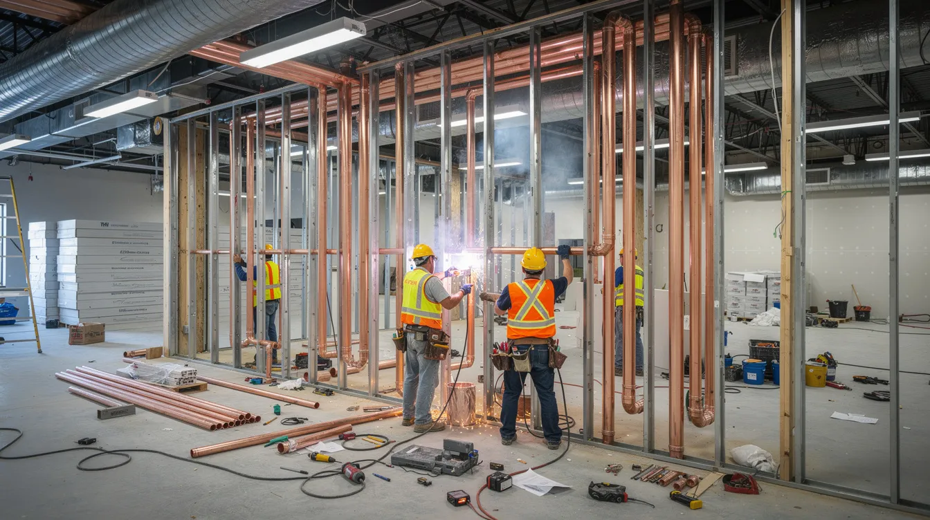 Construction workers are seen installing copper plumbing pipes within the framing of a commercial office space undergoing renovation, which is ideally suited for future healthcare providers or medical practices. The image captures the intricate work involved in creating a functional environment for exam rooms and treatment areas in a medical office setting.