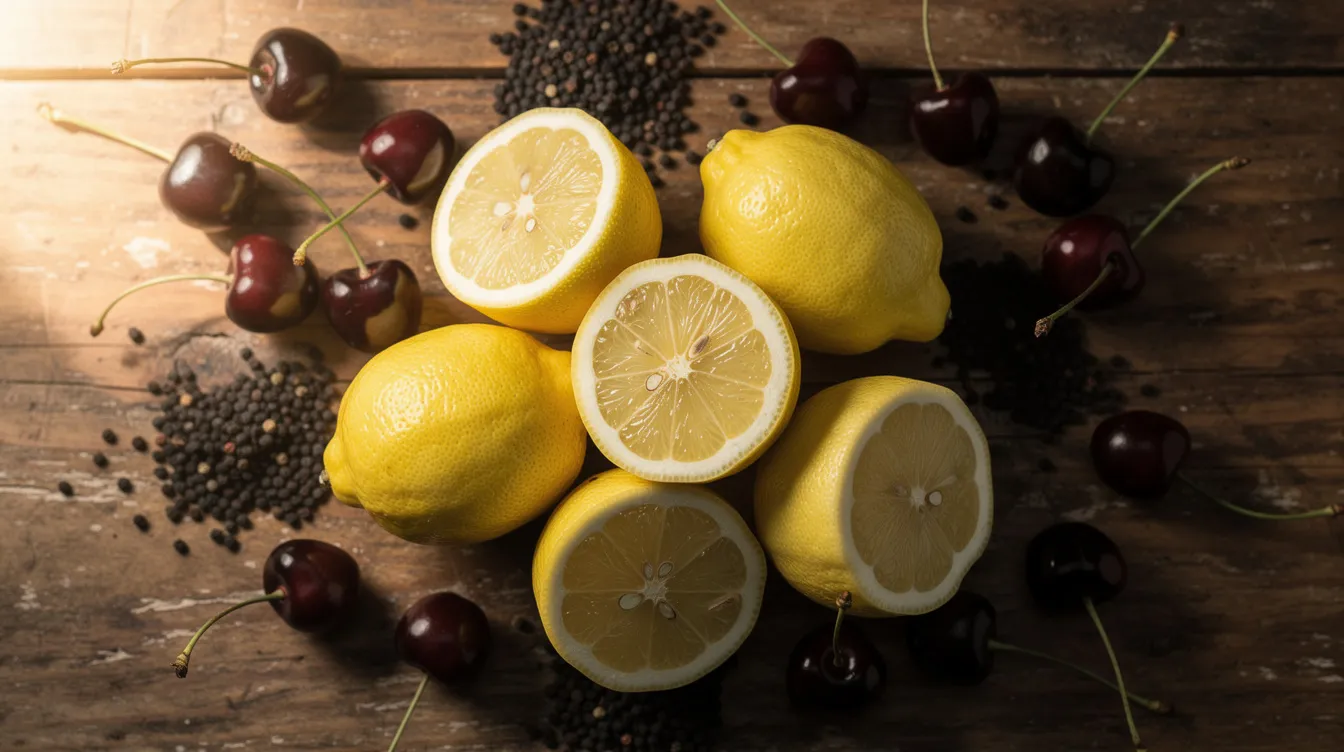 An arrangement of fresh lemons, dark cherries, and peppercorns is displayed on a rustic wooden surface, creating a vibrant and aromatic scene that evokes the terpene notes associated with cannabis strains like Cadillac Rainbow. The combination of citrus and berry elements suggests a delightful sensory experience, appealing to both medical marijuana patients and experienced users alike.