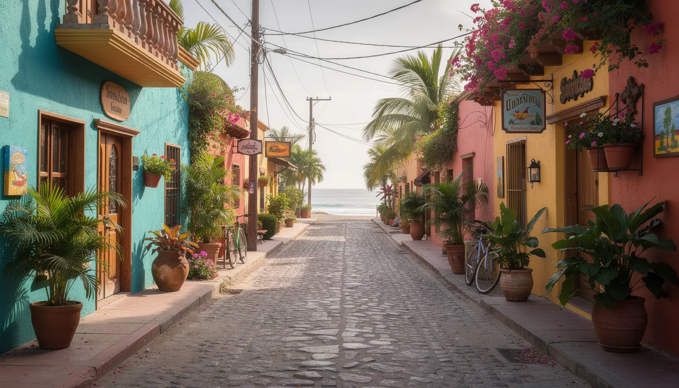 A vibrant cobblestone street in a small Mexican beach town, San Pancho, features colorful storefronts adorned with tropical plants, creating a lively atmosphere. This picturesque scene captures the essence of visiting San Pancho, where the charm of Mexican culture thrives along the Pacific coast.