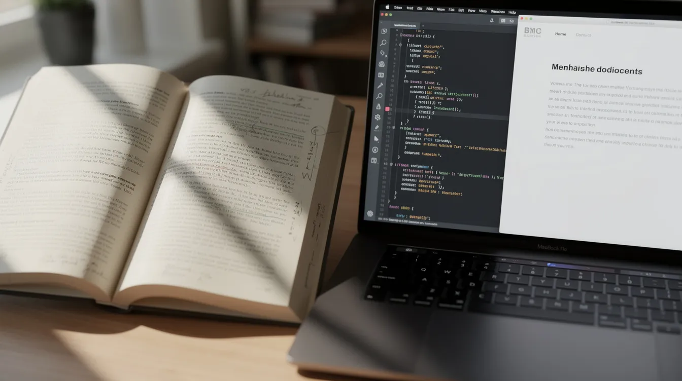 An open book sits next to a laptop displaying lines of code and web content, illustrating the blend of traditional learning and modern technology. This scene reflects how AI models, trained on massive datasets and complex algorithms, can assist in understanding and creating digital content.
