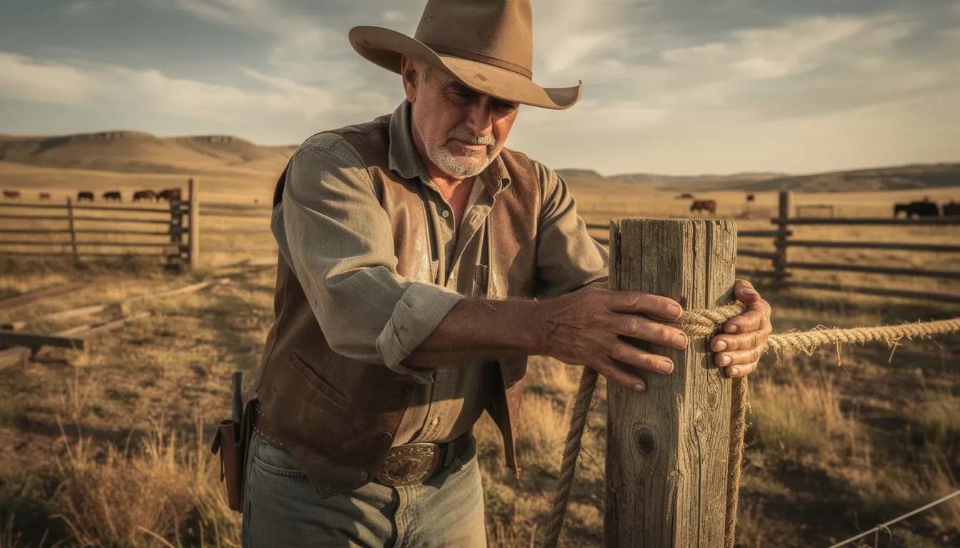 The image depicts a weathered pioneer or rancher working outdoors, showcasing calloused hands that reflect years of labor. This scene evokes the ancient tradition of using natural ingredients, such as tallow, for skincare, highlighting the nourishing properties that promote healthy skin and connect to the history of tallow in beauty routines throughout ancient civilizations.