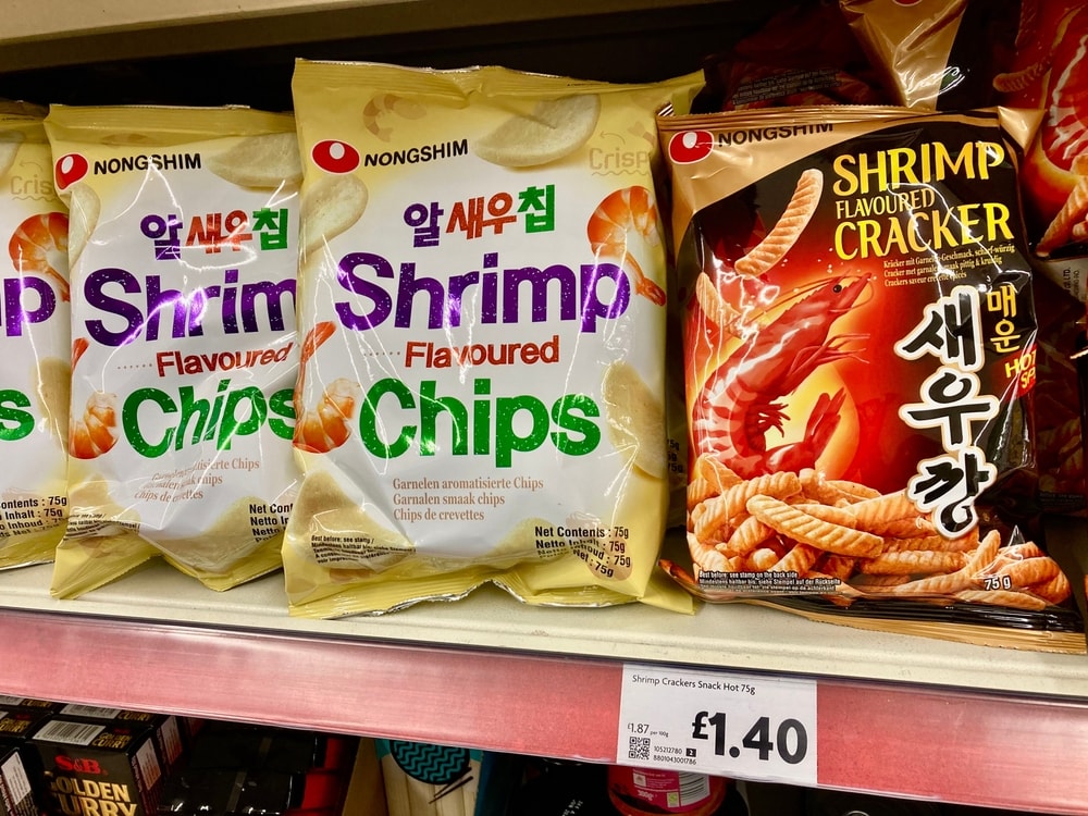 Nottinghamshire , UK 17 Mar 2025  one sample of Korea brand Shrimp Flavoured Cracker and chips in UK grocery store