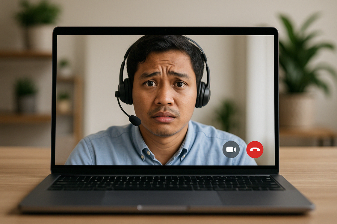 Concerned male candidate wearing a headset during an online interview on a laptop screen