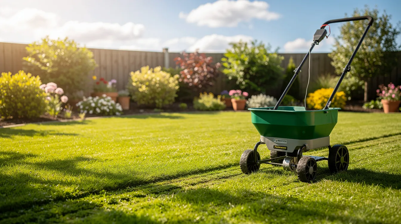 The image features a vibrant green lawn basking in sunlight, with healthy grass displaying lush growth. Nearby, a lawn care spreader is positioned, suggesting the application of lawn feed for optimal root development and weed control.