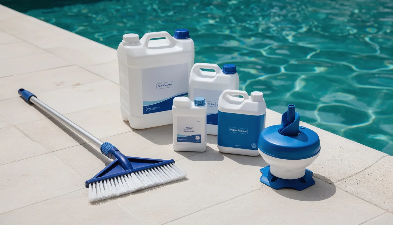 The image showcases various swimming pool maintenance equipment, including chemical containers for pool water chemistry, a chlorine tablet floater, and a pool brush. This essential gear is vital for pool owners to maintain proper pool chemistry, ensuring crystal clear water and a safe swimming environment.