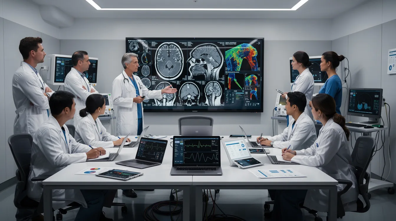 In a modern hospital setting, a group of medical professionals is intently reviewing diagnostic scans and patient data, utilizing advanced technology and medical equipment to enhance patient care. This collaborative effort emphasizes the importance of detailed project reports and financial management in the healthcare industry, ensuring optimal outcomes for both domestic and international patients.