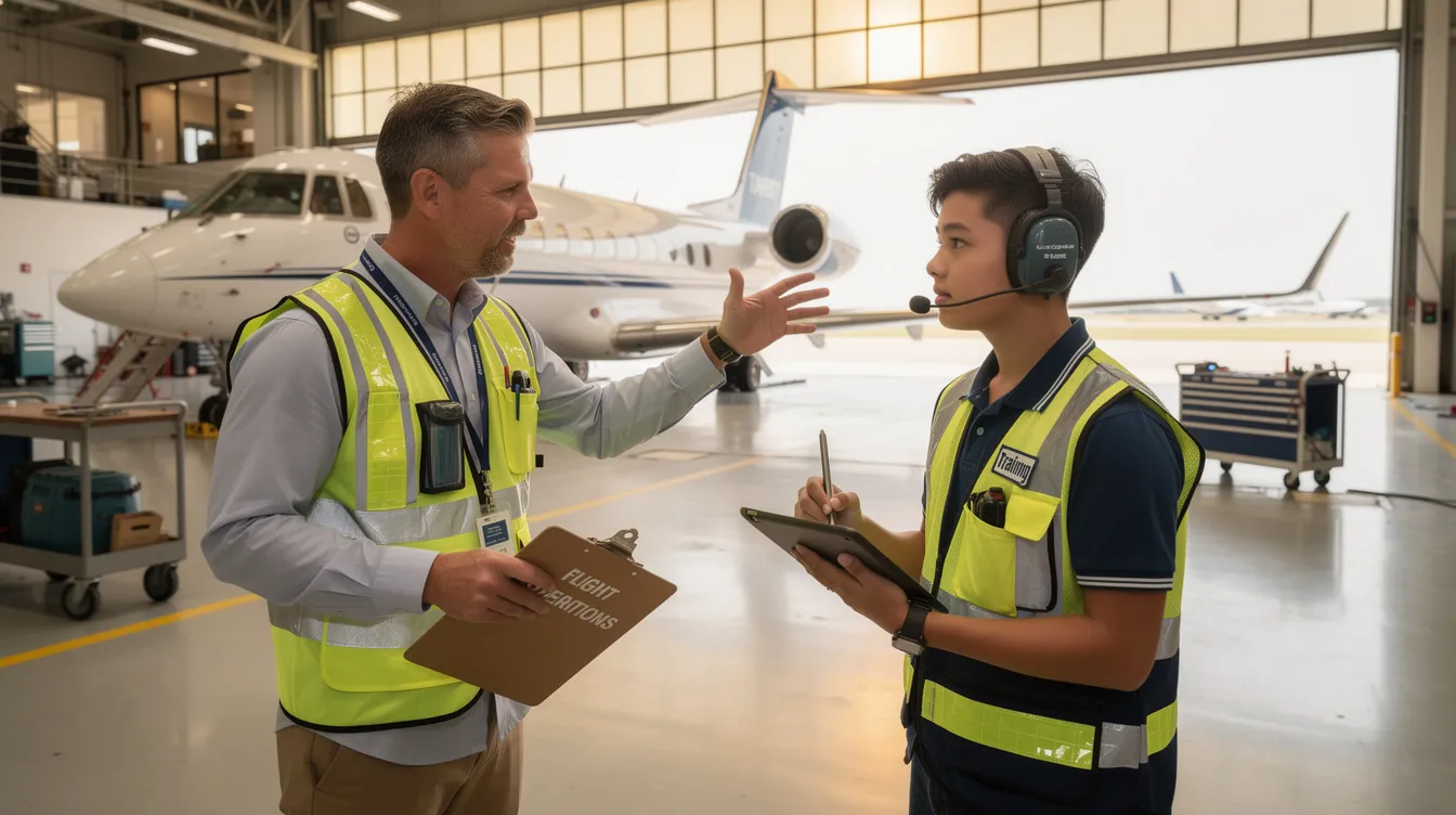 A manager is guiding an aviation intern through a facility tour, emphasizing key aspects of airport operations and the aviation industry. This mentorship is part of an internship program aimed at providing vocational students with educationally relevant work assignments and career development opportunities.