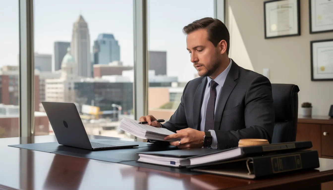 A professional attorney is seated at a desk, meticulously reviewing legal documents related to landlord-tenant disputes, with the Nashville skyline visible through the window. This setting emphasizes the importance of legal representation in matters such as lease agreements and the eviction process.