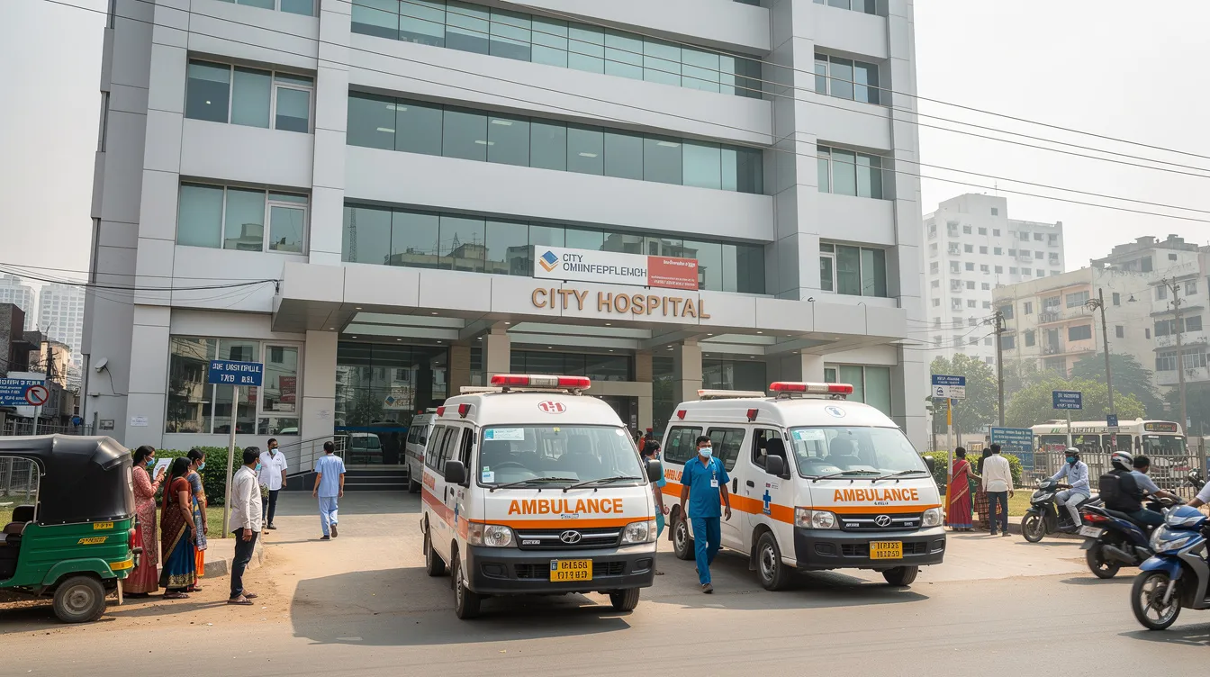 b15a7cb9 d46a 4eba a1db 31d8dd86ee89 The image depicts a modern hospital building exterior, showcasing a sleek design with ambulances parked at the entrance, set against the backdrop of an Indian city. This healthcare facility symbolizes advancements in medical science and the ongoing hospital project aimed at better serving patients and expanding medical services.