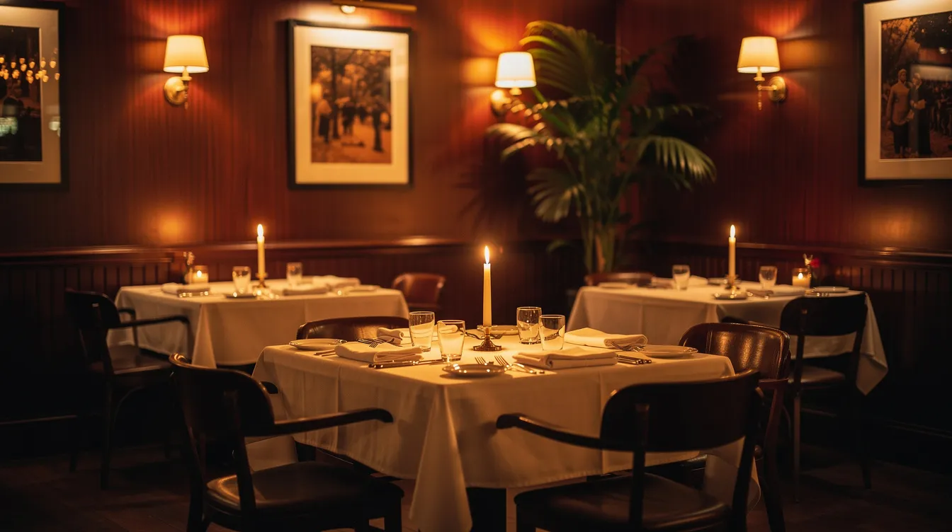 The image depicts a cozy, candlelit restaurant interior featuring intimate tables for two, bathed in warm ambient lighting, perfect for a romantic date night in Philadelphia. The inviting atmosphere encourages deep conversation and connection, making it an ideal spot for couples celebrating their relationship over incredible food and wine.