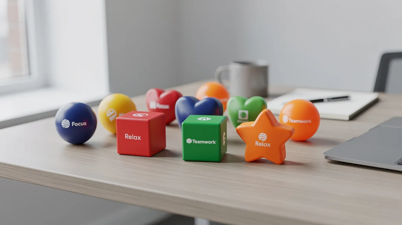 A variety of colorful stress balls in fun shapes, including a baseball and a football, are neatly arranged on a modern office desk, serving as effective stress relief tools for managing anxiety and promoting relaxation in office environments. These squishy stress toys provide a way to reduce tension and improve concentration during busy workdays.
