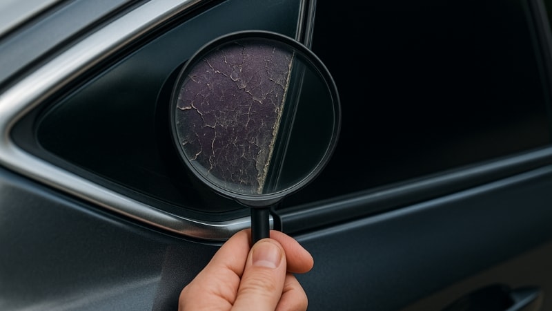 Degradation of window tint due to chipping and dust accmulation is shown