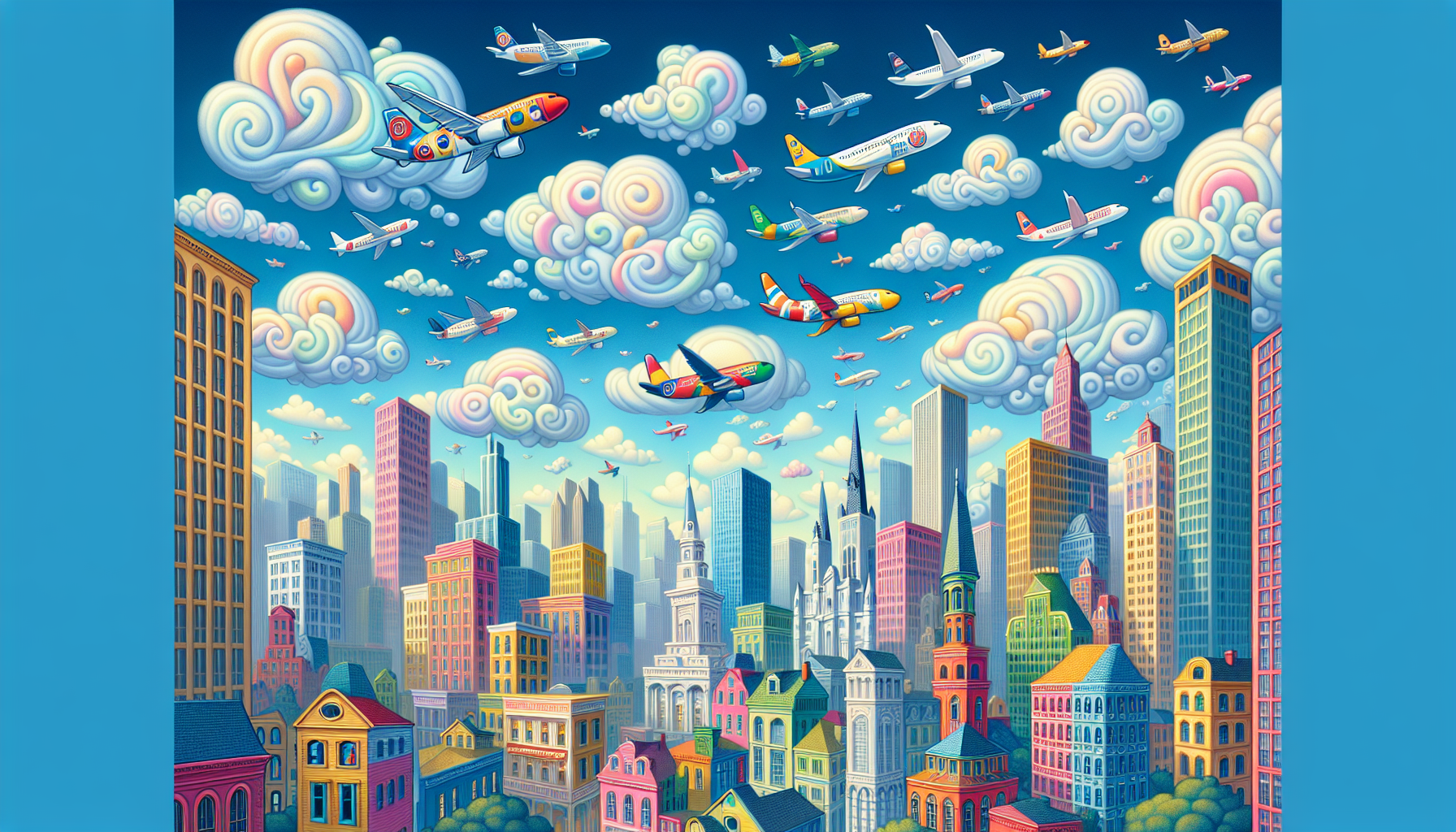 A cartoon representation of popular airlines flying from Chicago to New Orleans.