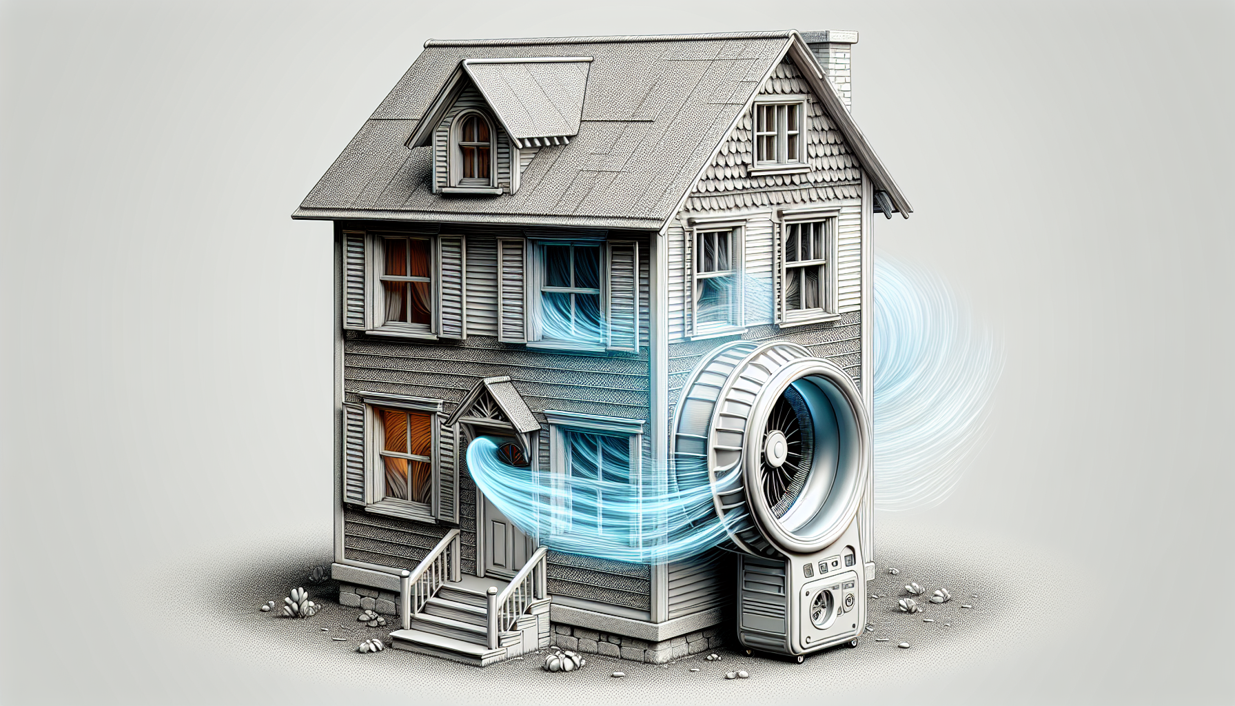 Illustration of a home with a blower door test being conducted