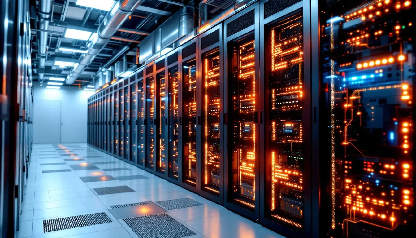 The image depicts a modern data center server room featuring advanced cooling systems, with rows of servers and high-tech equipment that support artificial intelligence applications in the real estate industry. This environment showcases the technological transformation and operational efficiency crucial for real estate companies leveraging AI tools for data management and client interactions. The image depicts a modern data center server room featuring advanced cooling systems, with rows of servers and high-tech equipment that support artificial intelligence applications in the real estate industry. This environment showcases the technological transformation and operational efficiency crucial for real estate companies leveraging AI tools for data management and client interactions.