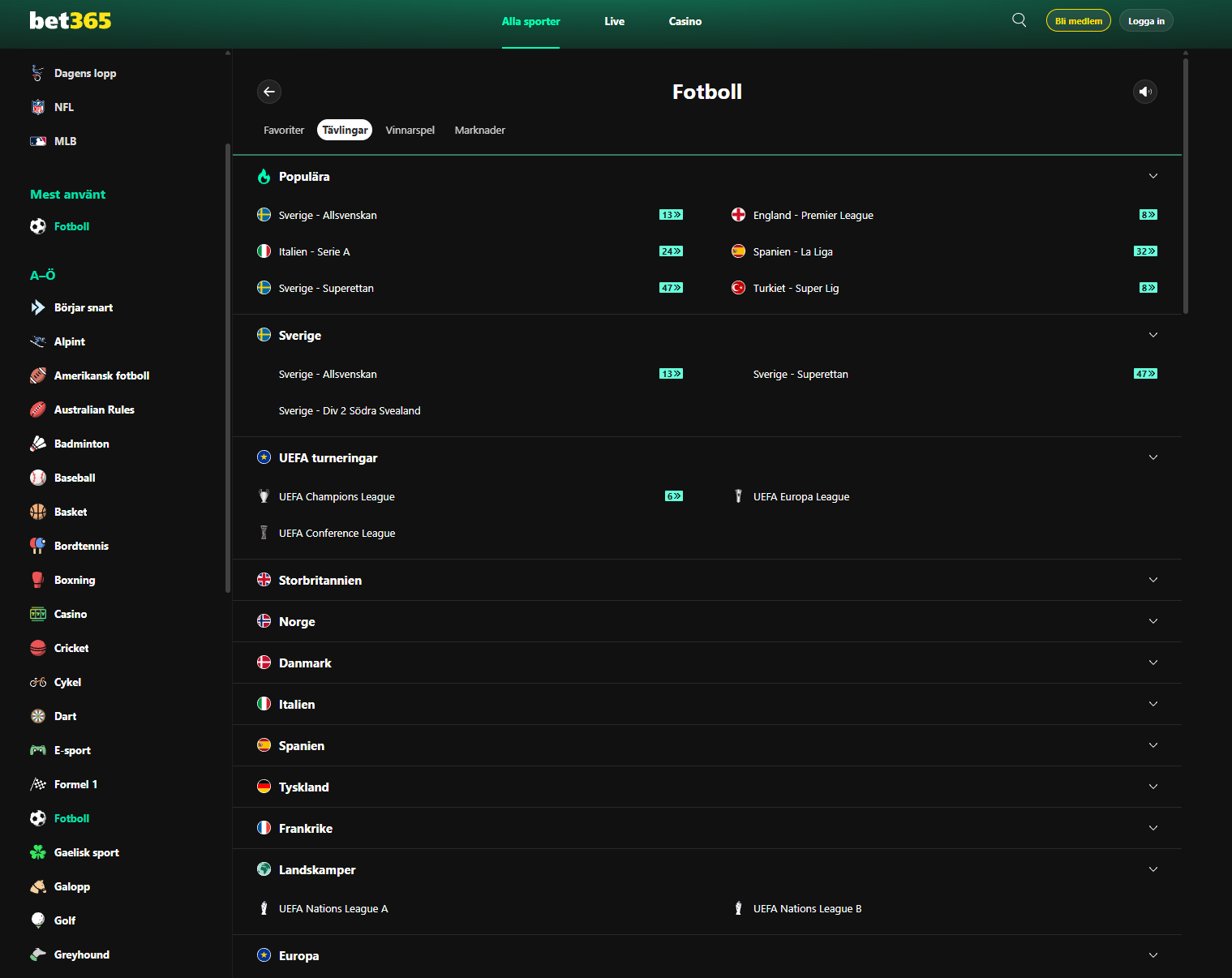 Fotbollsutbud hos Bet365 med ligor och turneringar från Sverige och internationella marknader.