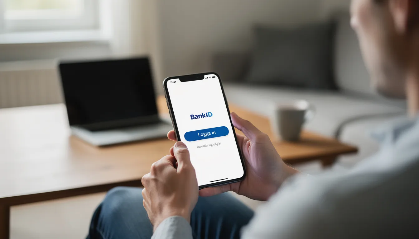 En person sitter och använder sin smartphone för bankidentifiering, vilket är en viktig del av att göra insättningar och uttag hos online casino. Denna process är avgörande för nya spelare som vill spela ansvarsfullt och ta del av olika casinospel och bonusar.