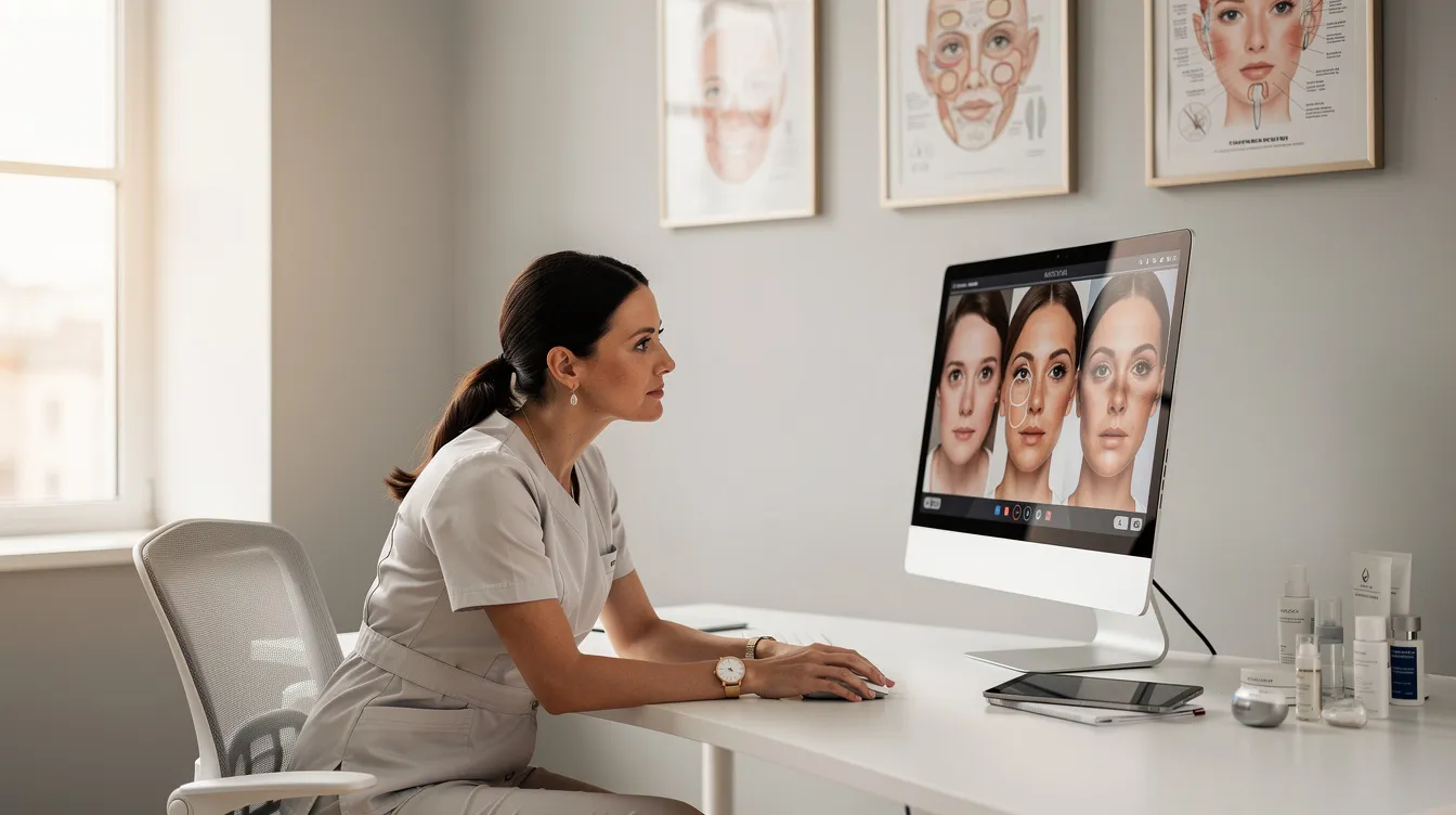 In a modern consultation room, a patient and an aesthetic provider are reviewing facial photos together, discussing various non-surgical treatment options such as laser skin resurfacing and dermal fillers to address skin concerns like sagging skin and fine lines. The setting emphasizes a personalized treatment plan aimed at achieving a more youthful appearance with minimal downtime.