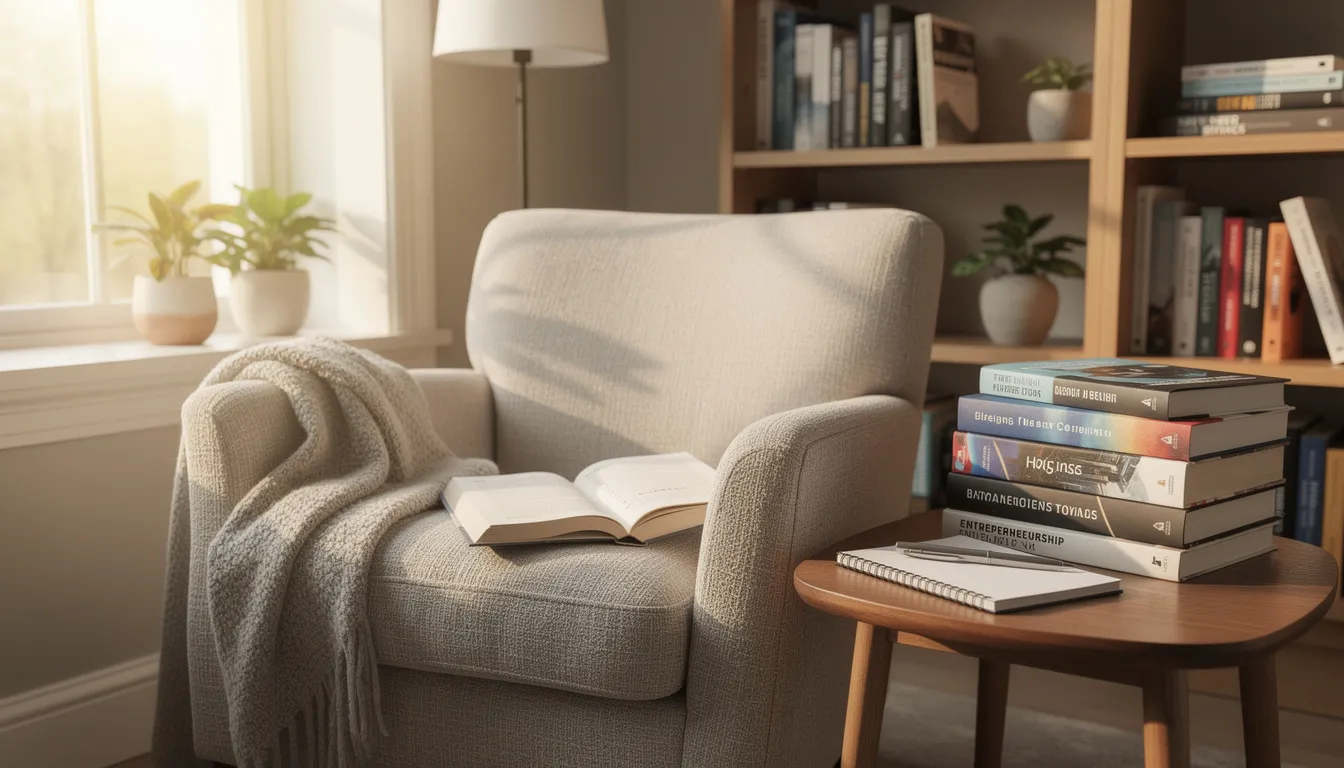 The image depicts a cozy reading nook filled with various business books, including titles by successful entrepreneurs and influential business leaders, alongside a notebook for jotting down valuable insights. This inviting space encourages small business owners and aspiring entrepreneurs to explore ideas that can transform their career and contribute to their entrepreneurial journey.