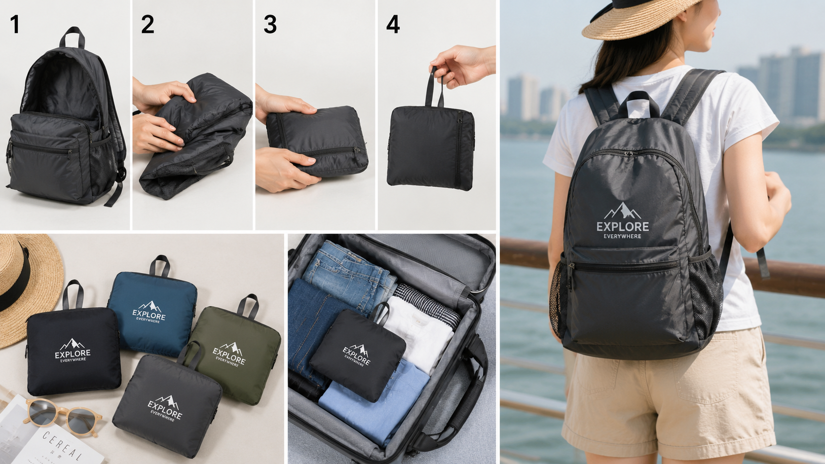 Packable backpack folded into a pouch, stored in luggage, and worn during travel