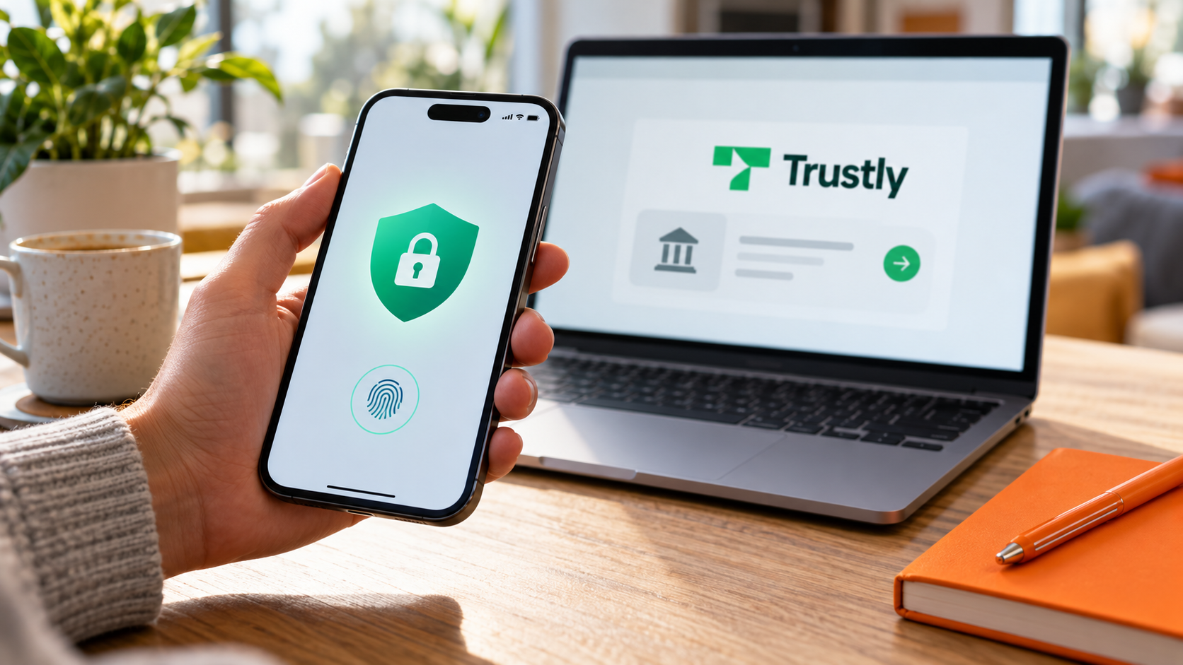 Telefoon met een slot- en vingerafdruksymbool naast een laptop met Trustly.