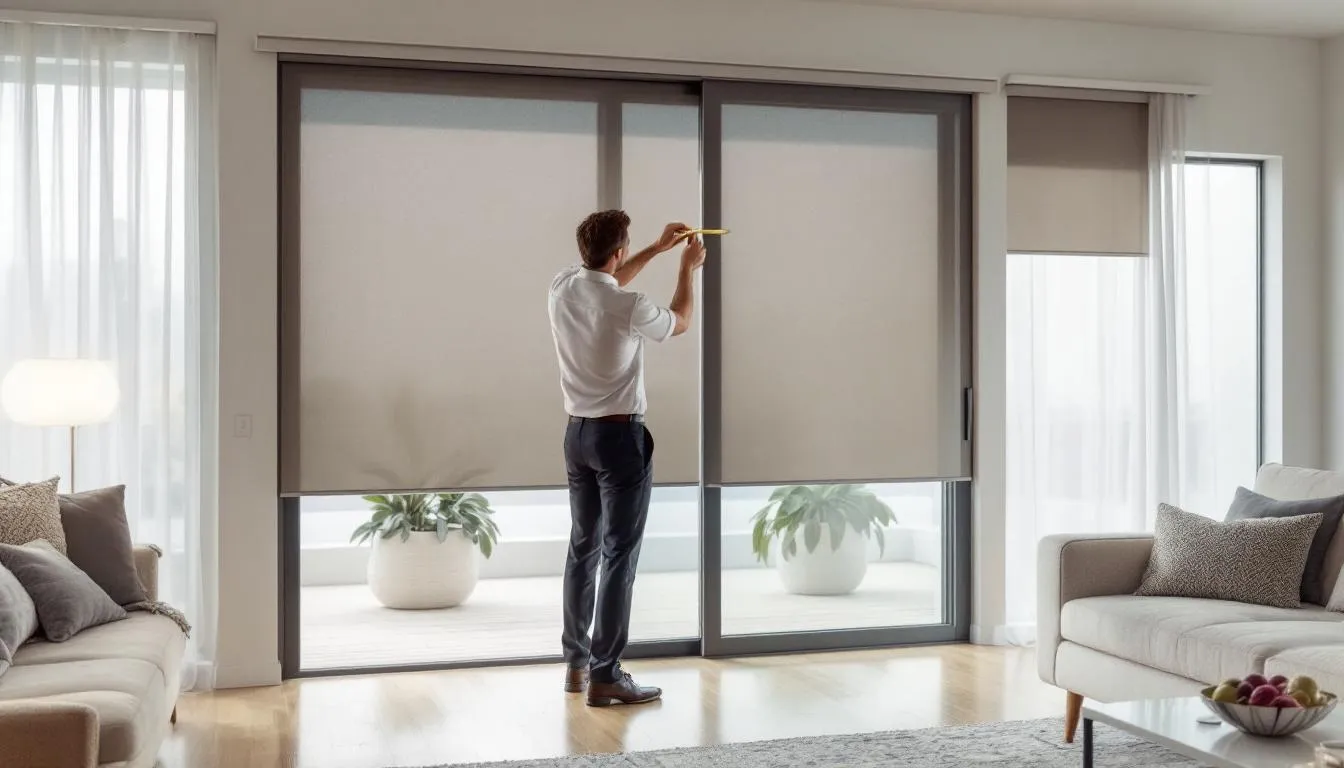 A person measuring a sliding door for custom roller shades.