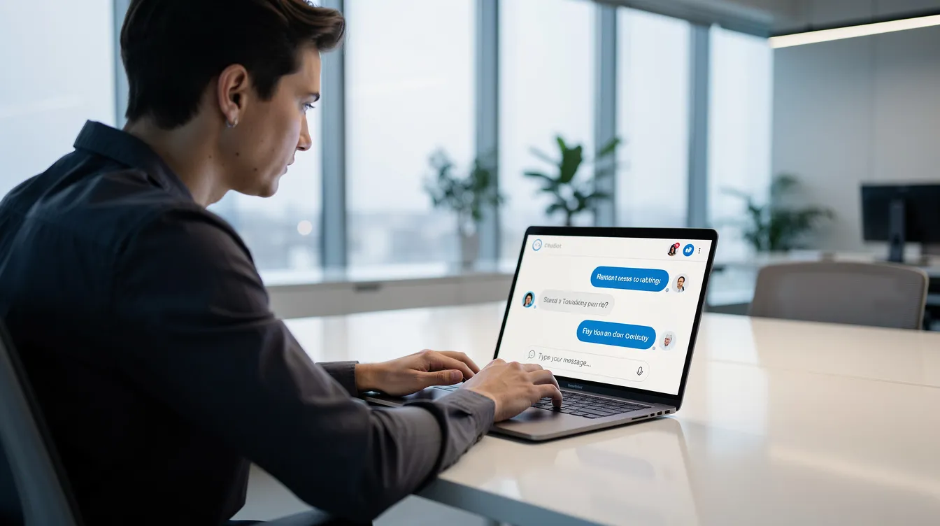 A person is seated at a modern office desk, intently looking at a laptop screen displaying a chatbot conversation interface, highlighting the latest advancements in artificial intelligence and technology. This scene reflects the growing interest among users in AI tools and their potential applications in everyday work.
