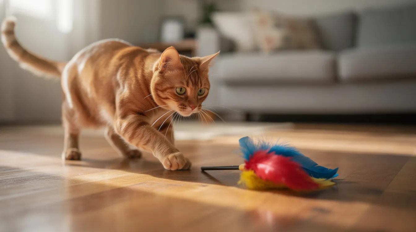 An orange tabby cat is crouched low on a hardwood floor, poised and ready to pounce on a colorful feather toy, showcasing its playful nature and hunting instincts. This engaging cat toy is perfect for keeping indoor cats entertained and stimulating their natural behaviors during playtime.